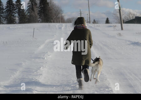 Un propriétaire de chien courant avec un Husky sibérien dans la neige Banque D'Images