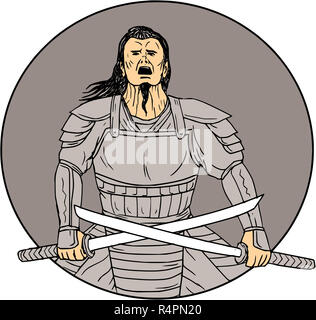 Samurai Warrior en colère Crossing Swords Dessin ovale Banque D'Images