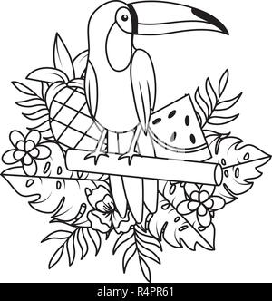Tucano Été tropical avec la feuille de palmier et des fleurs cartoon vector illustration graphic design Illustration de Vecteur