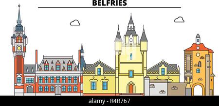 Beffrois de Belgique et de la France, monument de voyages en ligne d'horizon, vector design. Beffrois de Belgique et de France illustration linéaire. Illustration de Vecteur