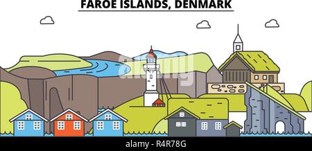 Îles Féroé skyline ligne vector illustration. Îles Féroé paysage urbain linéaire avec des sites célèbres, sites de la ville, vecteur, la conception du paysage. Illustration de Vecteur