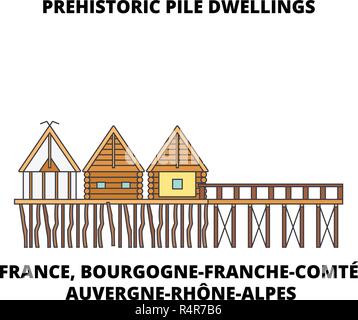 France, Bourgogne-Franche ComtE, Auvergne-RhOne-Alpes-préhistorique - Pile Dwellings autour du monument, voyages en ligne Alpes vecteur conception skyline Illustration de Vecteur