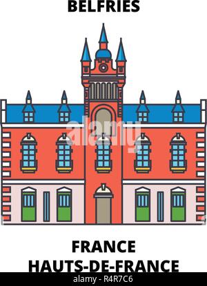 Hauts-De-France - Beffrois ligne monument, Skyline, vector design. France, Hauts-De-France - Beffrois de Belgique et de France illustration linéaire. Illustration de Vecteur