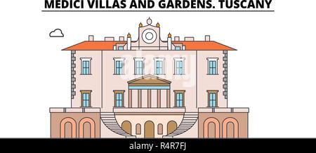 Medici Villas et jardins. Voyages en ligne toscane monument, Skyline, vector design. Medici Villas et jardins. Toscane illustration linéaire. Illustration de Vecteur