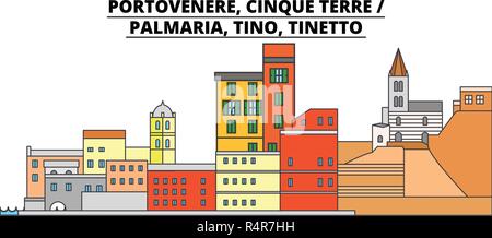 Portovenere, Cinque Terre - Palmaria, Tino et Tinetto ligne monument, Skyline, vector design. Portovenere, Cinque Terre - Palmaria, Tino et Tinetto illustration linéaire. Illustration de Vecteur