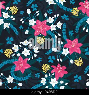 Beau motif répétitif. Composition florale. Les fleurs et les feuilles. Le style dessiné à la main. Illustration de Vecteur