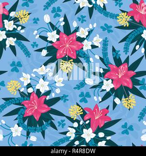 Beau motif répétitif. Composition florale. Les fleurs et les feuilles. Le style dessiné à la main. Illustration de Vecteur