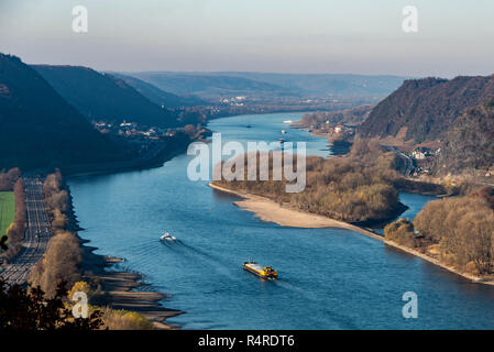 En Allemagne, la sécheresse de l'eau faible du Rhin à Neuwied, près de Coblence influending les navires de fret de transport de l'eau. Banque D'Images