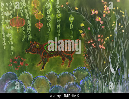 Joyeux Nouvel An chinois 2019, psychédélique cochon. La technique du badigeonnage près des bords donne un effet de flou en raison de la modification de la rugosité de t Banque D'Images