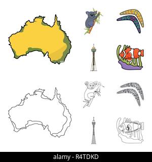 Koala sur le bambou, le boomerang, la tour de Sydney, le poisson clown et l'ammonium.Australie collection set icônes de cartoon style du contour symbole,vecteur stock illustra Illustration de Vecteur