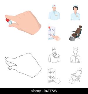 Le médecin traitant, l'infirmière, le cardiogramme du coeur, le fauteuil dentaire. Collection d'icônes dans Medicineset,cartoon style Contour Symbole vecteur Illustration de Vecteur