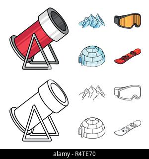 Montagnes, des lunettes, un igloo, un snowboard. Ski set collection icônes de cartoon style du contour symbole,vecteur illustration stock . Illustration de Vecteur