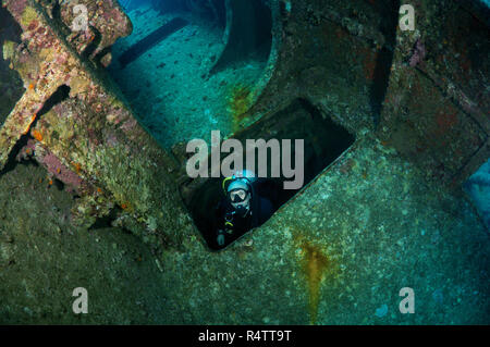 Scuba Diver mâle à l'intérieur de l'épave du Giannis D, Red Sea, Egypt Banque D'Images