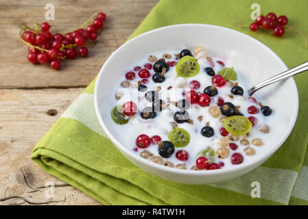 Muesli avec du yaourt naturel, caillé et de baies fraîches, petit-déjeuner sain ou dessert sur une table en bois rustique, focus sélectionné Banque D'Images