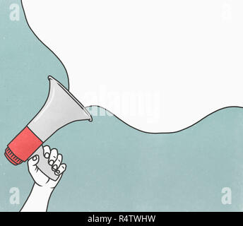Détail de hand holding megaphone émettant une nuage de fumée