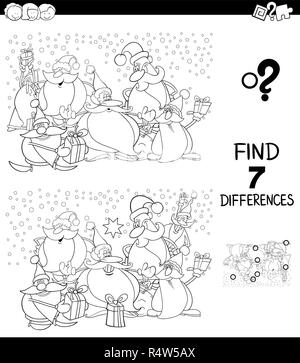 Illustration Cartoon noir et blanc de trouver sept différences entre images jeu éducatif pour les enfants avec le Père Noël personnages de Noël Col Illustration de Vecteur