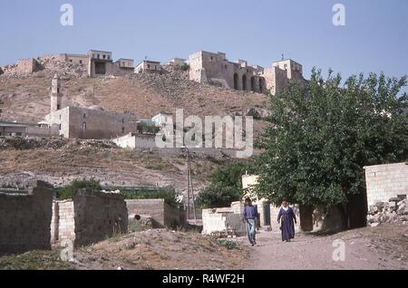 Avis de la population locale à un chemin de terre dans la ville habitée de Qalaat Al-Madiq, adjacent à l'anciennes ruines d'Apamée, Syrie, Juin, 1994. () Banque D'Images