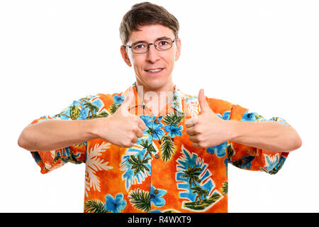 Studio shot of happy man smiling while giving Thumbs up Banque D'Images