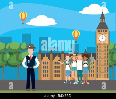 Journaliste de presse présentant l'homme de l'angleterre big ben avec les touristes jeunes et montgolfières cartoon vector illustration graphic design Illustration de Vecteur