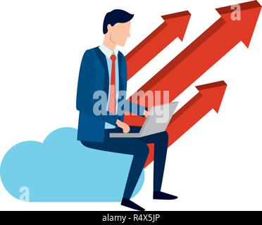 Homme d'affaires réussi avatar escalade de flèches cloud web avec portable cartoon vector illustration graphic design Illustration de Vecteur