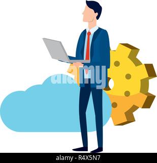 Homme d'affaires réussi avatar avec ordinateur portable et avec l'aide de cloud web vector cartoon pignon illustration graphic design Illustration de Vecteur