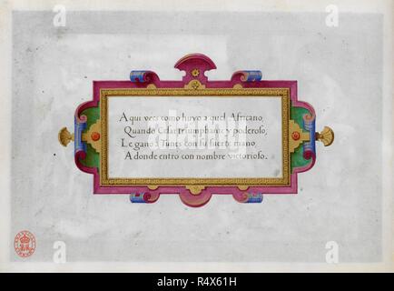 Une inscription sur l'une des victoires militaires de l'Empereur Charles V d'Espagne. . Une série de 12 miniatures illustrant les victoires de l'Empereur Charles V. en quatrains descriptifs en espagnol. Anvers. Une série de 12 miniatures illustrant les victoires de l'Empereur Charles V. en quatrains descriptifs en espagnol. Chaque miniature, y compris une bordure de 3/4 de pouce de large, mesure 10 1/4 pouces de longueur par 7 pouces de hauteur, et est peint sur le recto d'une feuille de vélin, 11 1/2 x 8 pouces. Source : ajouter. 33733 f.10v. Langue : espagnol. Banque D'Images