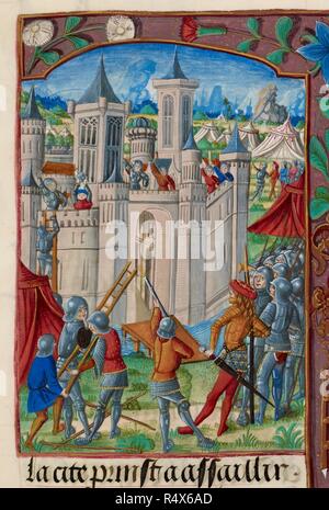 Le siège d'Acre. Chroniques de France ou de Saint Denis. France (Paris ?) ; 1487. Miniature (seulement) Le siège d'Acre, 1189-1191. Partie de la Troisième Croisade. Soldats en armure entourent une ville fortifiée avec un grimpant les murs sur une échelle, et de défendre les soldats sur les remparts. Campement militaire en arrière-plan. Image tirée du Chroniques de France ou de Saint Denis. À l'origine produite en France (Paris ?) ; 1487. . Source : Royal 20 E. III, f.146. Langue : Français. Banque D'Images