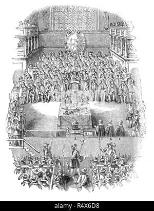 La Haute Cour de justice de Westminster Hall, la cour a été établie par le Parlement croupion d'essayer le Roi Charles I d'Angleterre. C'était un tribunal ad hoc créé spécifiquement dans le but d'essayer le roi, a débuté le 20 janvier 1649. Charles a refusé d'inscrire un plaidoyer, affirmant qu'aucun tribunal n'a compétence à un monarque.croire que sa propre autorité de la règle avait été due à le droit divin des rois qui lui ont été données par Dieu. La Cour a procédé comme si le roi avait plaidé coupable et il a été déclaré coupable lors d'une séance publique le samedi 27 janvier 1649 et condamné à mort. Banque D'Images