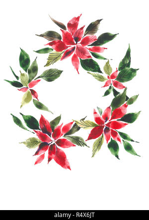 Couronne de Noël. Bouquet de fleurs décoratives rouge. Poinsettia. Fond d'aquarelle. Banque D'Images