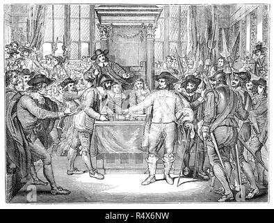 En 1653, après avoir appris que le Parlement s'efforce de rester dans la session malgré un accord de dissolution, et n'ayant pas réussi à trouver un groupe de constitution, la patience d'Oliver Cromwell a manqué. Le 20 avril, il a participé à une séance du Parlement depuis longtemps et j'ai écouté un ou deux discours. Puis il se leva et harangué les membres du croupion. Il a alors déclaré "vous avez pas de parlement" et appelé à une troupe de soldats, sous le commandement du général Thomas Harrison, leur ordonnant de la chambre claire. Banque D'Images