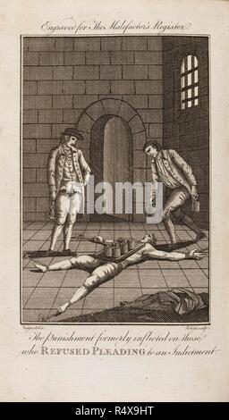 Punition pour avoir refusé de plaider coupable. Le malfaiteur's Register ; ou, le Newgate et Tyb. Londres : Alexander Hogg, 1779. La punition infligée à ceux qui ont refusé de plaider à une accusation. Image prise à partir de : Le malfaiteur's Register ; ou, le Newgate et Tyburn (nouveau calendrier et Newgate Tyburn calendrier)... à partir de l'année 1700 à Lady-day 1779 . Source : 1485.p.8, entre 1:254 et 255. Banque D'Images