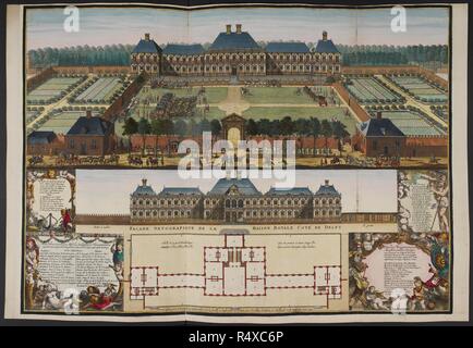 Plan et vue générale de la maison royale de Nieuwburg. Plan et vue générale de la maison royale de Nieuwburg situé entre Delft et La Haye (1697). Dans ce plutôt, le graveur plaque surpeuplés J.A. Rietkesler associe une vue sur le jardin principal et fronts de la palais à Rijswijk avec un plan de la première et deuxième étages distinguer les zones occupées par les Alliés et les ambassadeurs français et suédois le médiateur. Panneaux de texte donner les noms de tous les envoyés et leurs secrétaires. . Source : Maps.C.9.e.8.(69). Langue : Néerlandais. Banque D'Images