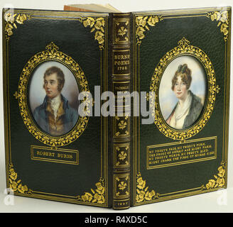 Les portraits de liaison montrant Robert Burns et Margaret Chalmers, dans un cadre contemporain estampée à l'or le maroc vert contraignant signé par Riviere & Son. Portraits miniatures de Robert Burns et Margaret Chalmers par C. B. Currie n'a été fixé dans les couvercles. Auteur Robert Burns, illustré par C.B. Currie. Musée : BRITISH LIBRARY. Banque D'Images
