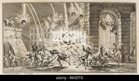 Un bombardement. ThÃ©orie nouvelle sur le MÃ©canisme de l'Artillerie. Paris, 1741. Un bombardement. Image prise de : ThÃ©orie nouvelle sur le MÃ©canisme de l'Artillerie. Publié Paris, 1741 . Source : 62.d.20, page 235. Langue : Français. Auteur : Dulacq, Joseph. Cochin. C. N. Banque D'Images