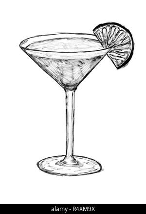 L'encre Noir Dessin à la main de verre avec Cocktail et tranche de lime Banque D'Images