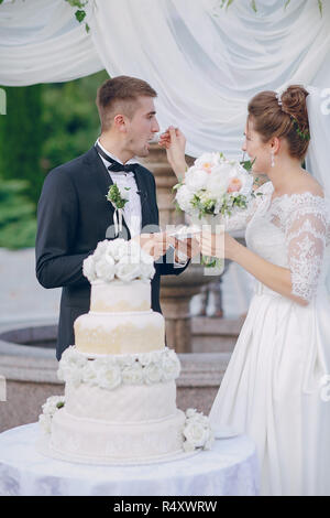 Couple avec gâteau de mariage Banque D'Images