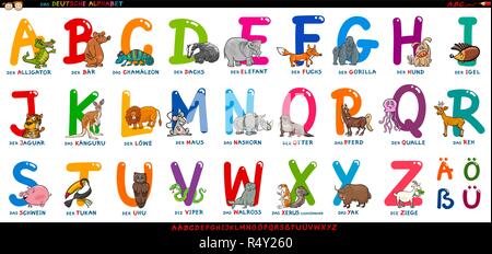 Cartoon Illustration de l'éducation allemand colorés ou Deutsch avec Alphabet Animaux drôles Illustration de Vecteur