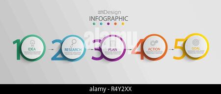 Infographie papier modèle avec 5 options de présentation cercle et la visualisation de données. Tableau du processus d'affaires.Diagramme avec cinq étapes pour réussir.Pour le contenu, l'ordinogramme, workflow.Vector illustration Illustration de Vecteur