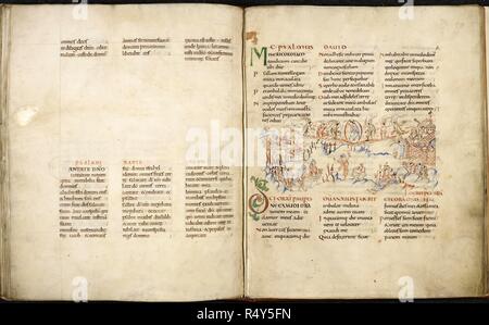 Double page du Psautier Harley avec stylo dessin. Psautier de Harley (psautier). L'Angleterre, S. E. (Canterbury). Psautier, dans la version romaine, imparfaite, se terminant dans le psaume 143 (le "Psautier Harley') Angleterre, S. E. (Canterbury) ; 1ère moitié du 11e siècle. Source : Harley 603 ff.49V-50. Langue : le latin. Banque D'Images