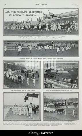 'Tous les sportifs du monde dans le stade de Londres'. La cérémonie d'ouverture dans le stade à Shepherd's Bush. Les représentations de certains des pays participants. Une gymnastique afficher par danoises. La Sphère. Londres, 18 juillet 1908. Article de journal sur les Jeux Olympiques de 1908. Les jeux de la Ive Olympiade. Source : la sphère, page 52. Langue : Anglais. Banque D'Images