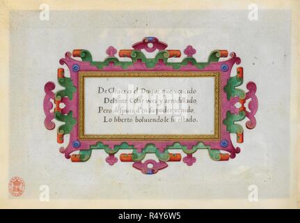 Une inscription sur l'une des victoires militaires de l'Empereur Charles V d'Espagne. . Une série de 12 miniatures illustrant les victoires de l'Empereur Charles V. en quatrains descriptifs en espagnol. Anvers. Une série de 12 miniatures illustrant les victoires de l'Empereur Charles V. en quatrains descriptifs en espagnol. Chaque miniature, y compris une bordure de 3/4 de pouce de large, mesure 10 1/4 pouces de longueur par 7 pouces de hauteur, et est peint sur le recto d'une feuille de vélin, 11 1/2 x 8 pouces. Source : ajouter. 33733 f.11v. Langue : espagnol. Banque D'Images