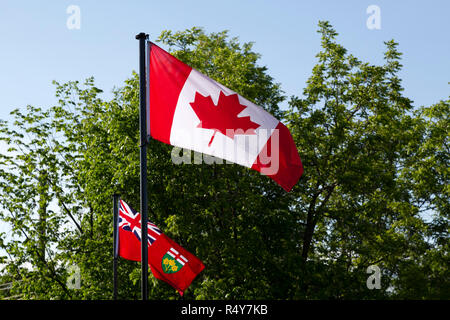 Les drapeaux du Canada et l'Ontario volant à Gananoque en Ontario, Canada. La ville est considérée comme une passerelle vers la région des Mille-Îles, à la frontière de Banque D'Images
