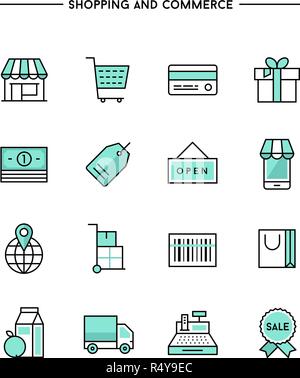 Série de télévision fine ligne d'icônes sur l'objet d'achats et de commerce Illustration de Vecteur