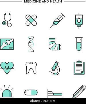 Jeu de plate, fine ligne d'icônes de la médecine et de la santé Illustration de Vecteur