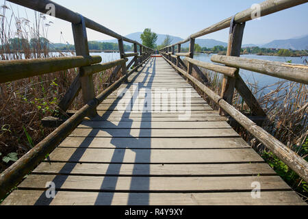 Pied en bois pont de Sebino Peat-Bog réserve naturelle, dans le sud du lac d'Iseo, province de Brescia, Italie Banque D'Images