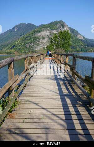 Pied en bois pont de Sebino Peat-Bog réserve naturelle, dans le sud du lac d'Iseo, province de Brescia, Italie Banque D'Images