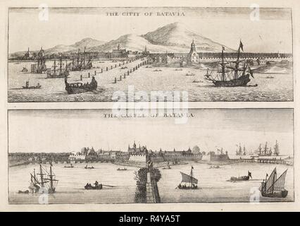 Batavia. Deux illustrations de la ville en Indonésie sur l'île de Sumatra, avec des navires de la flotte néerlandaise dans le port. Possession coloniale néerlandaise. . Une ambassade de l'East-India Company des provinces, à la grande Cham Emperour Tartare de Chine. Londres 1669. Source : X.1202. Langue : néerlandais traduit en anglais. Banque D'Images