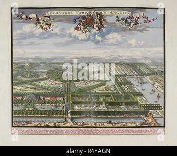 Le magnifique parc d'Enghien. Une collection de 86 plans et vues de La Haye. Amsterdam, 1718. Le magnifique parc d'Enghien (ca. 1700). Les armoiries du duc d'Aremberg surmonter la magnifique perspective de son parc à Enghien près de Bruxelles. Les jardins comprennent une grande volière derrière le grand bassin, au premier plan. Image prise de : une collection de 86 plans et vues de La Haye. Publié à Amsterdam, 1718. . Source : Maps.C.9.e.9.(80). Langue : Néerlandais. Auteur : Stopendaal, Daniel. Banque D'Images