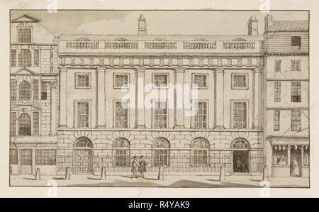 Illustration de l'East India House dans la ville de Londres. Siège de l'entreprise indienne de l'époque coloniale, les commerçants. . East India House, Leadenhall Street. Wale, Samuel (ch. 1720-1786) ; East India House, Leadenhall Street, laver c.1760. Source : RM 2056. Banque D'Images