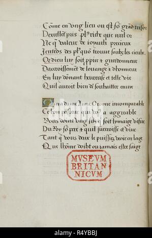 Sermons sur le Bon Pasteur. Anne Boleyn's présentation exemplaire de Clement Marot's Sermons sur le Bon Pasteur. "LE PASTEUR" EUANGELIQUE : poème en dix lignes 490-syllabe, conclure avec des compliments à Henry VIII et de la reine Anne Boleyn. Source : Royal 16 E. XIII, f.15v. Banque D'Images